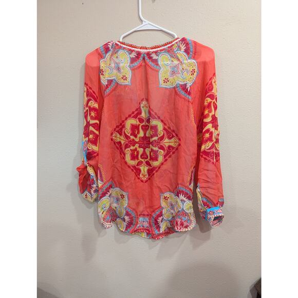 Hale Bob 100% silk and beaded neon mandala style print top w/roll tab sleeve top - Picture 6 of 10